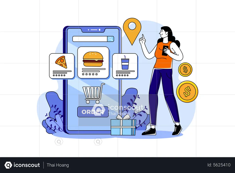 Young Girl Order Food Online  Illustration
