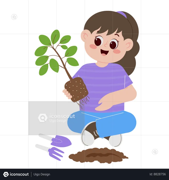 Young Girl Planting Tree  Illustration