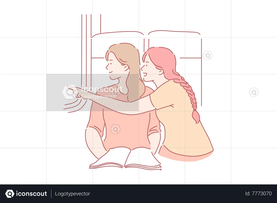 Young girl pointing something from window  Illustration