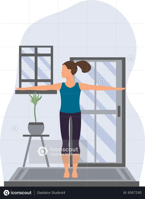 Young Girl Practicing Veerabhadrasana In Home  Illustration