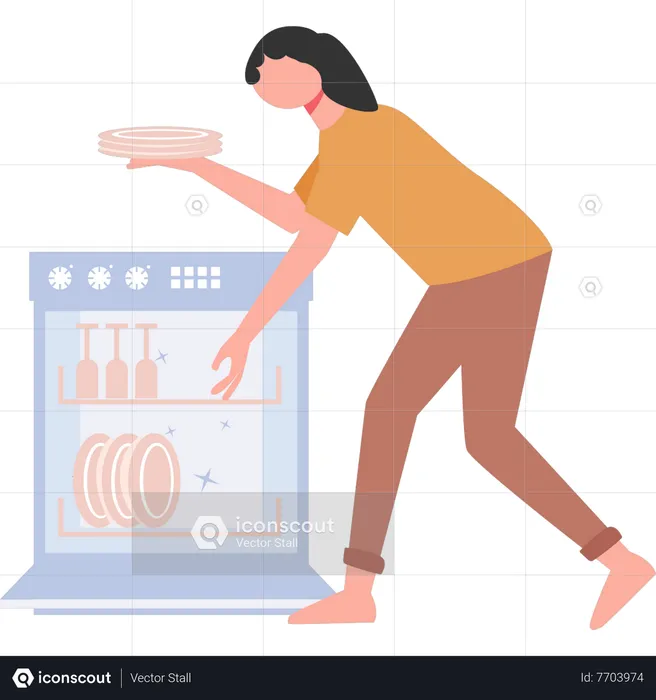 Young girl putting plates in dishwasher  Illustration