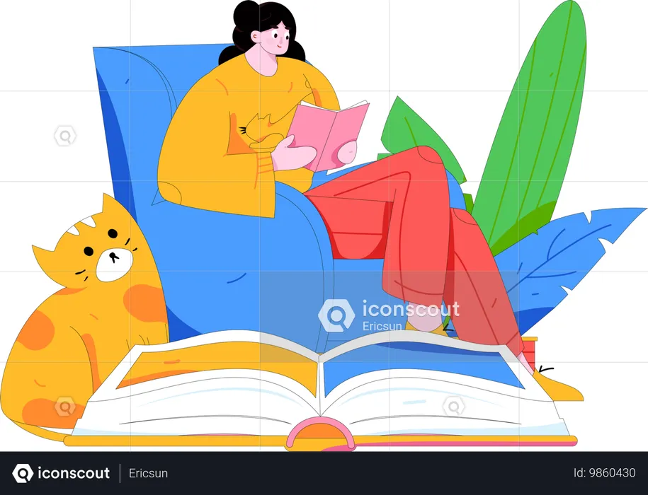 Young girl reading book at home  Illustration