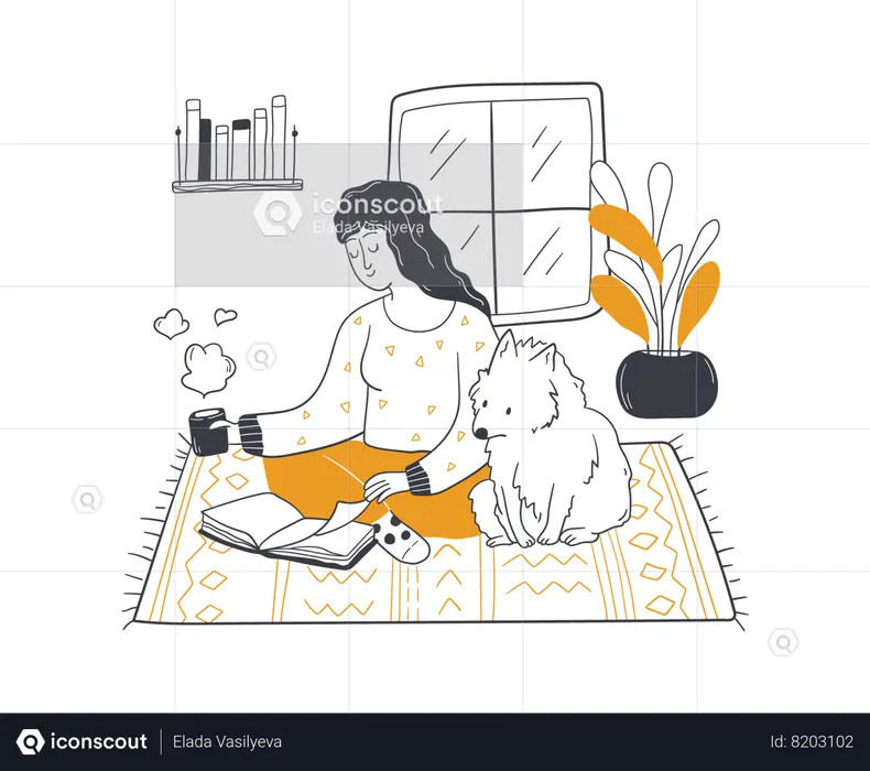 Young girl reading book with tea in hand and dog beside her  Illustration