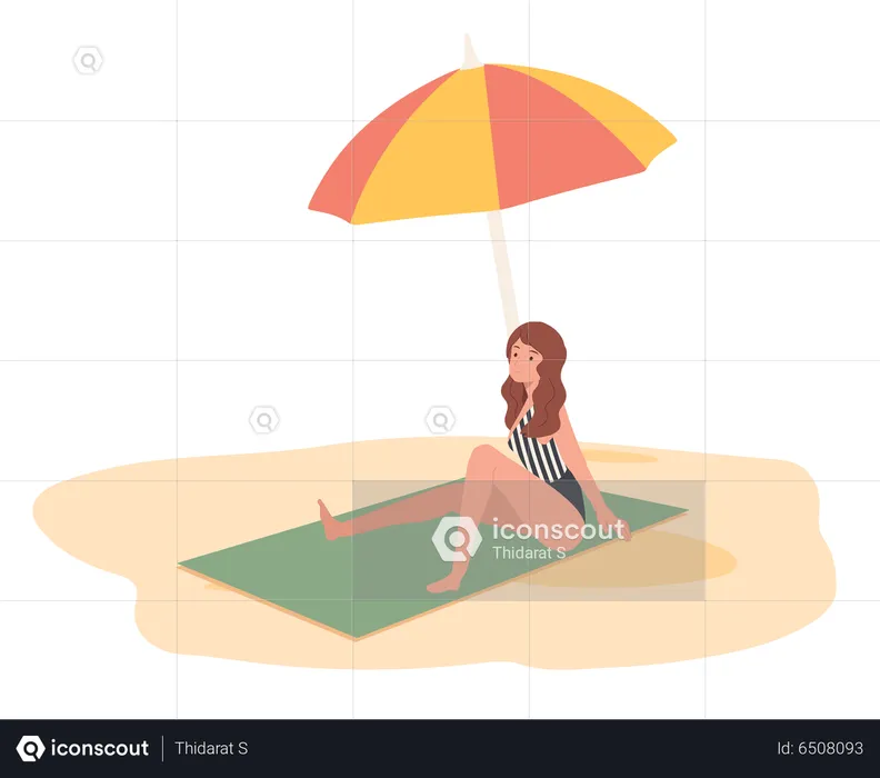 Young Girl Relaxing On The Beach Sit On Mat Under An Umbrella  Illustration