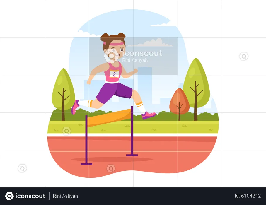 Young Girl running in hurdle race  Illustration