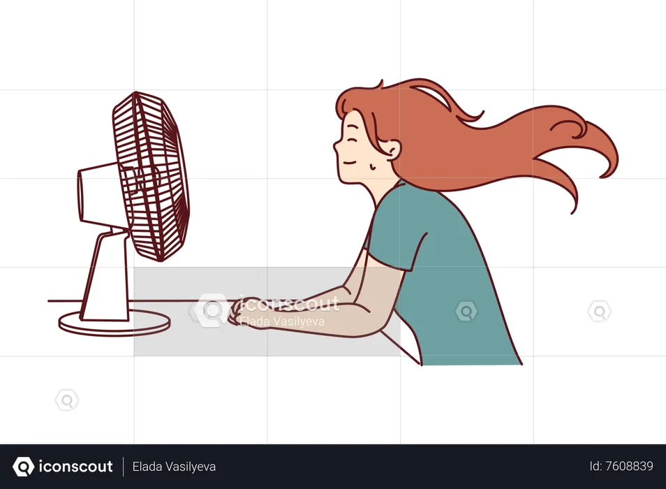 Young girl sitting in front of table fan in summer  Illustration