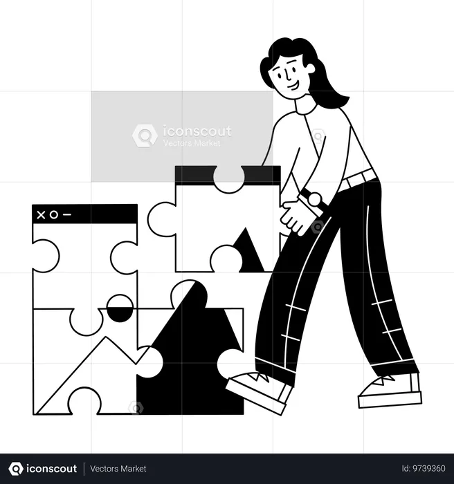 Young girl Solving jigsaw Problem  Illustration