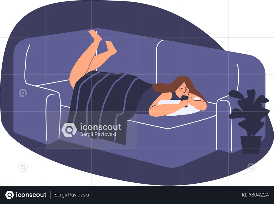 Young girl spend time lying in bed with smartphone  Illustration