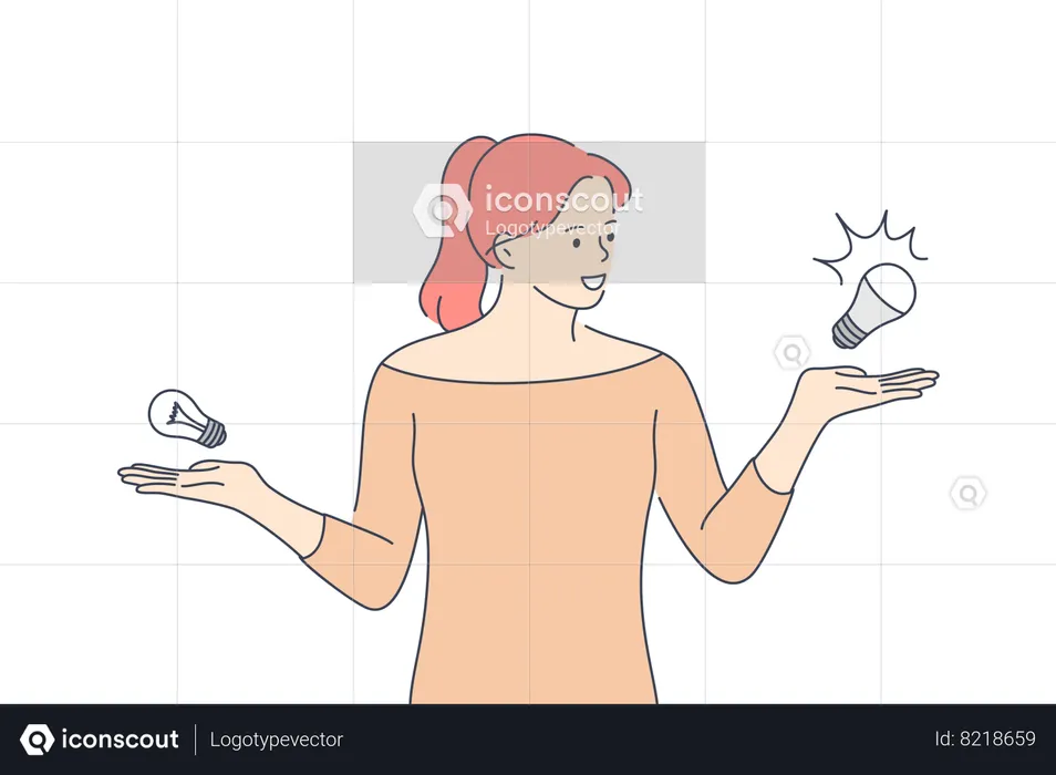 Young girl standing and comparing energy saving light bulb  Illustration