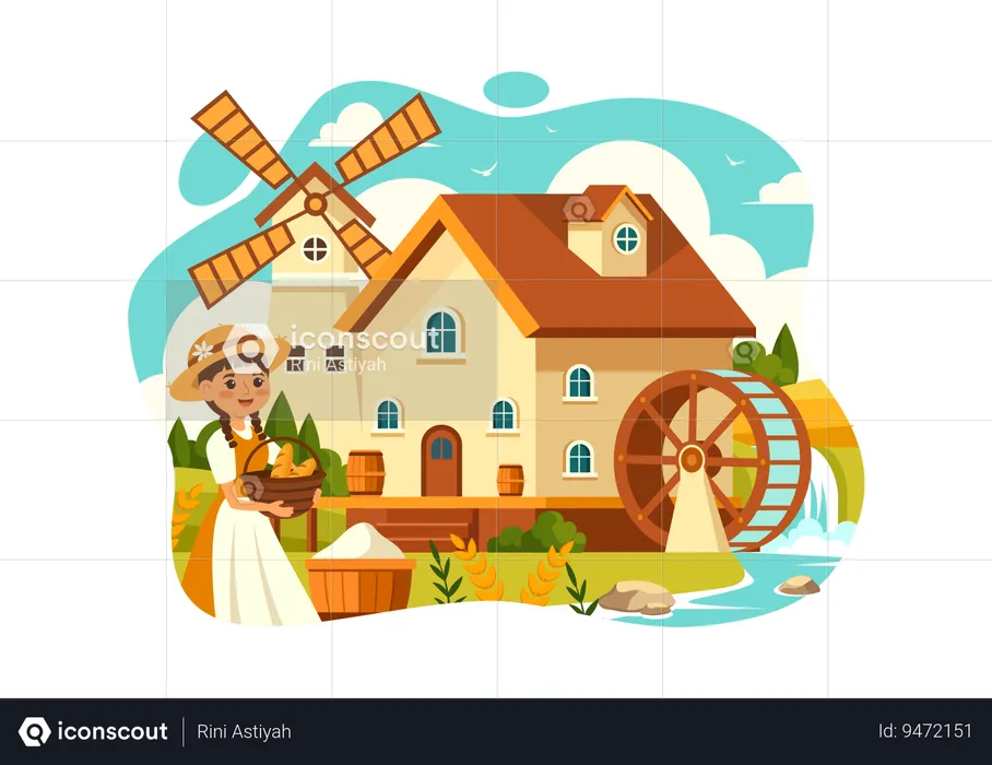 Young girl standing with bread basket at bread mill  Illustration