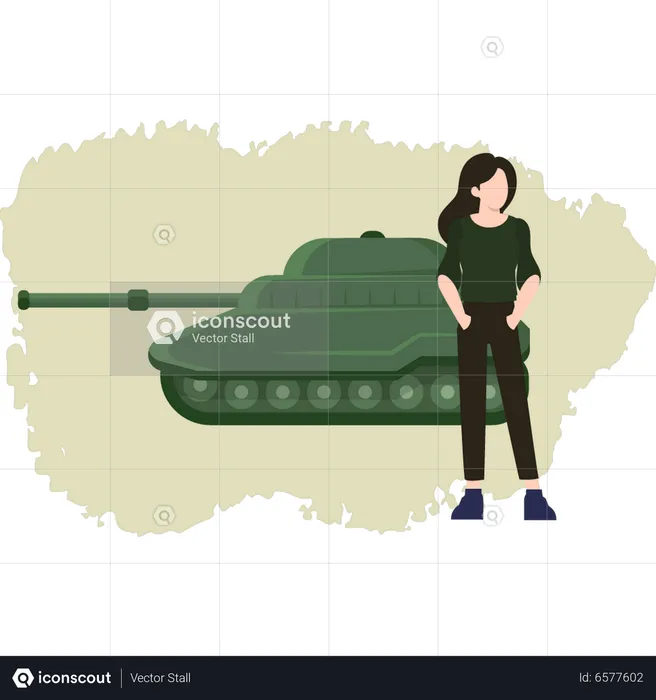Young Girl Standing With Military Tank  Illustration