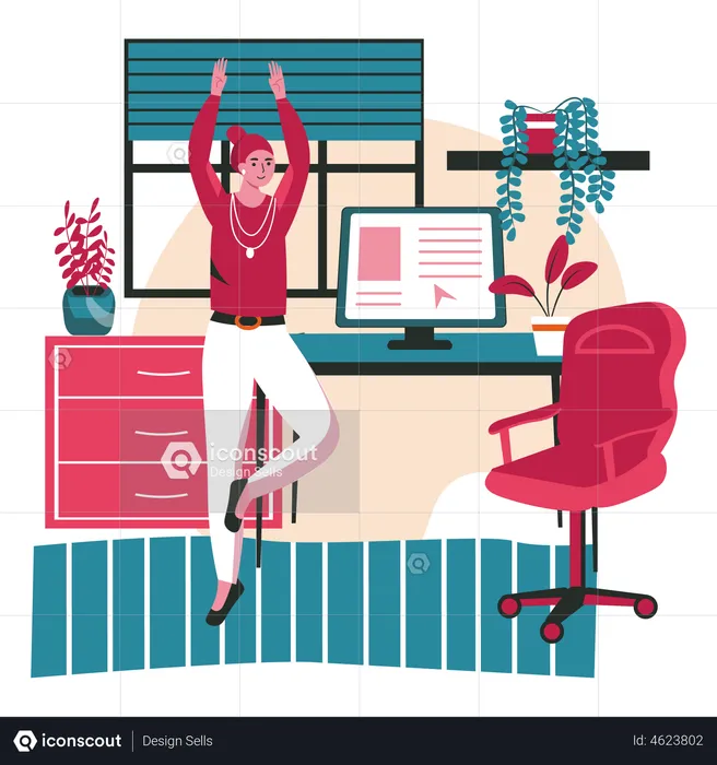 Young girl stretching hands in office  Illustration
