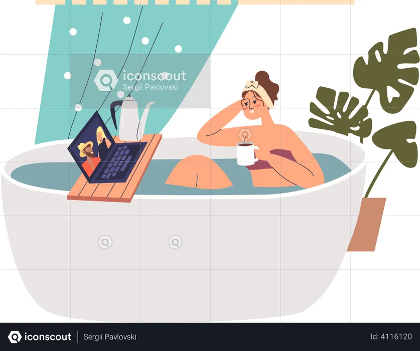 Young girl take bath watching movie on laptop with drinking hot tea  Illustration