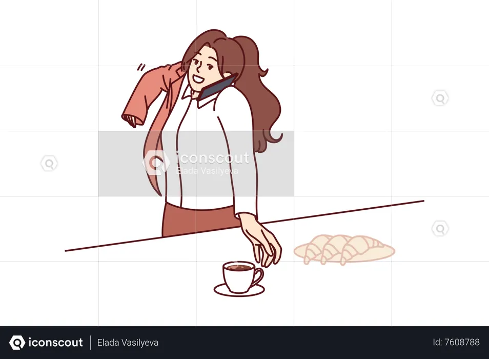 Young girl taking breakfast while talking on phone  Illustration
