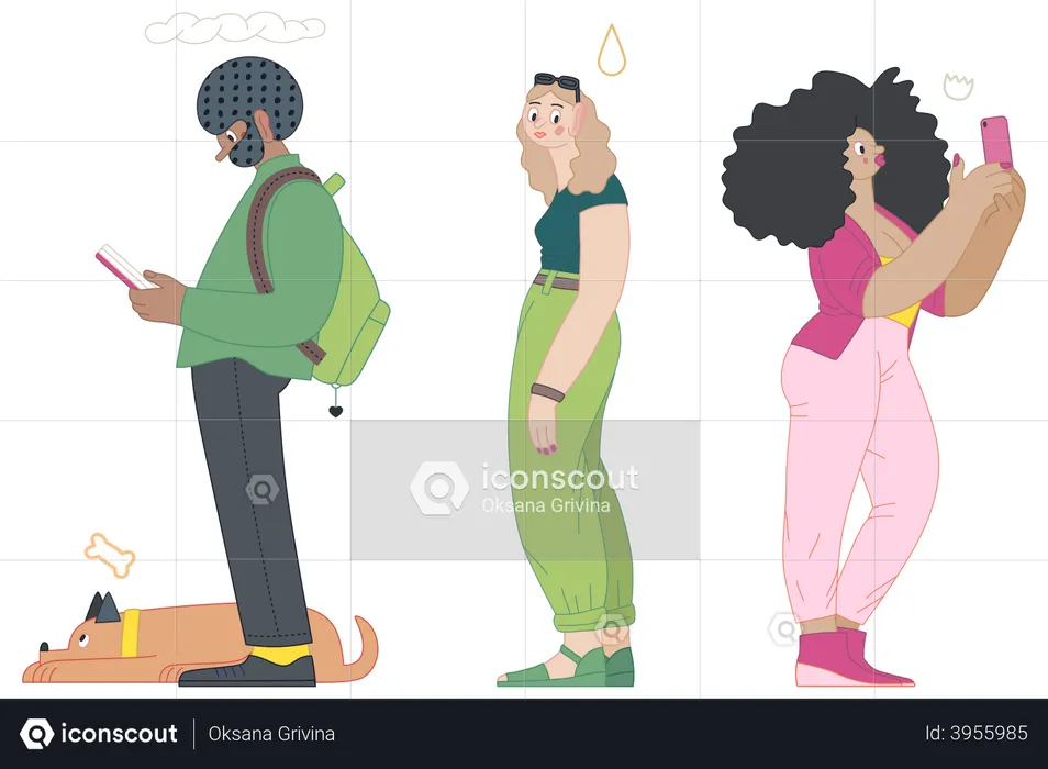 Young girl taking selfie while standing in queue  Illustration