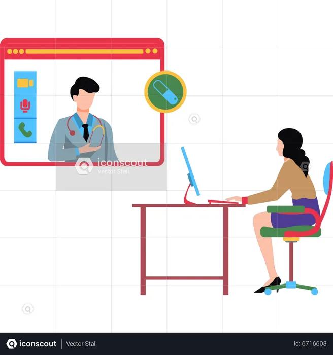 Young girl talking to the doctor online  Illustration