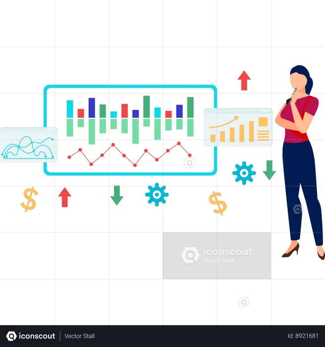 Young girl thinking about rise in candlestick graph  Illustration