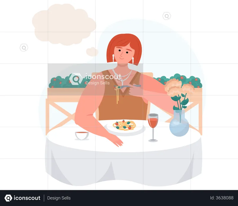 Young girl thinking while eating in restaurant  Illustration