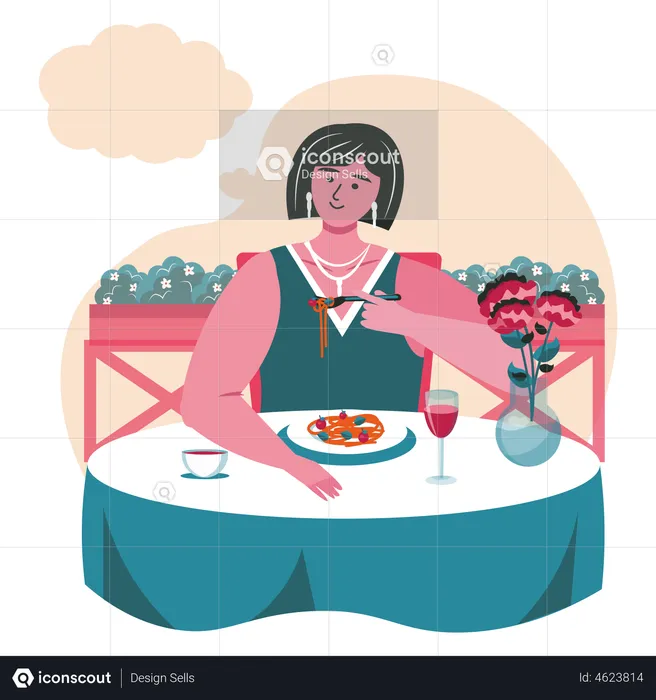 Young girl thinking while eating in restaurant  Illustration