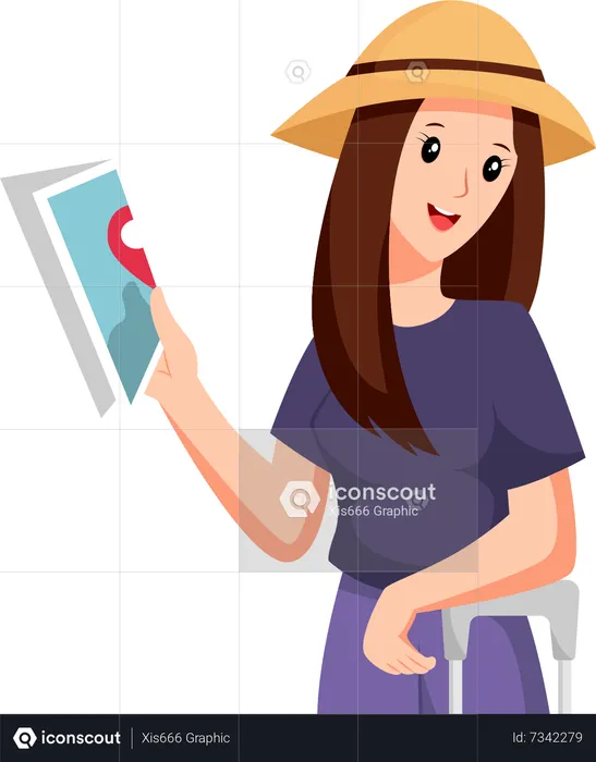 Young Girl Traveling with Map  Illustration