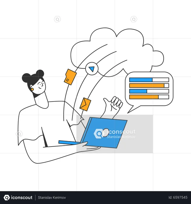 Young girl uploads files to the cloud  Illustration