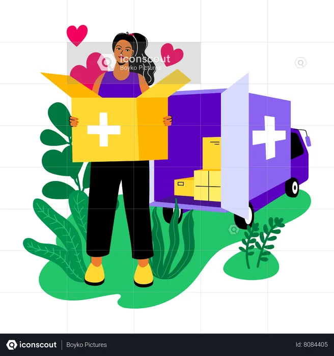 Young girl volunteer holding a box with essentials  Illustration