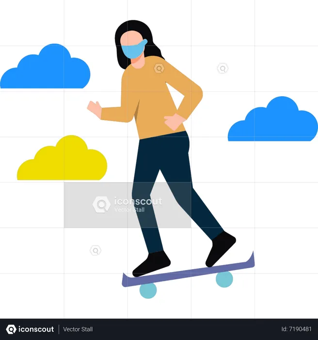 Young girl wearing a mask and skating on the road  Illustration