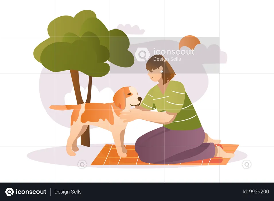 Young girl went for walk with her dog  Illustration