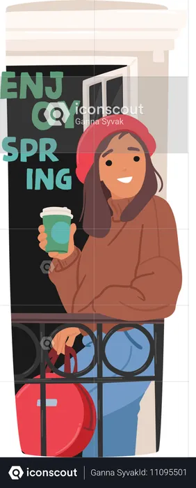 Young Girl while Serenely Sipping Coffee On Her Balcony  Illustration