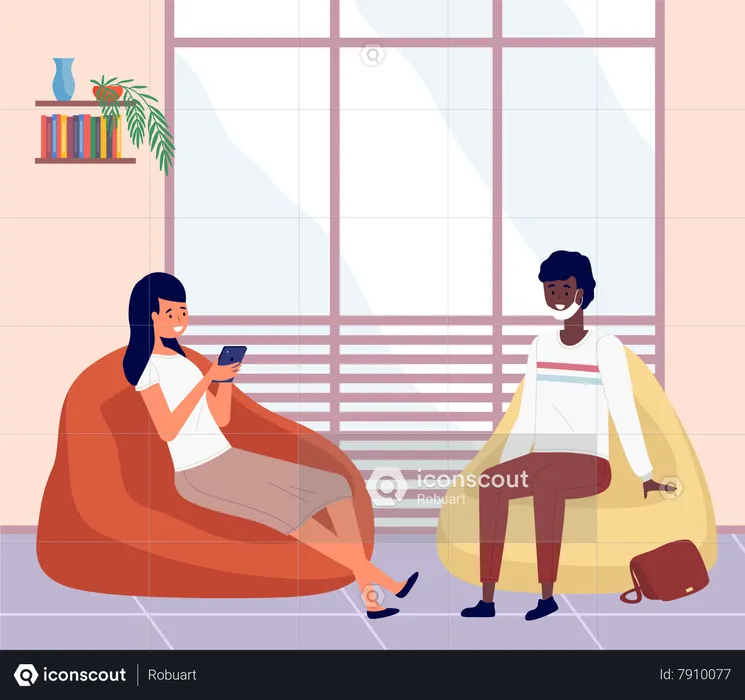 Young girl with  phone in her hands sits on soft pouf and talking with man  Illustration