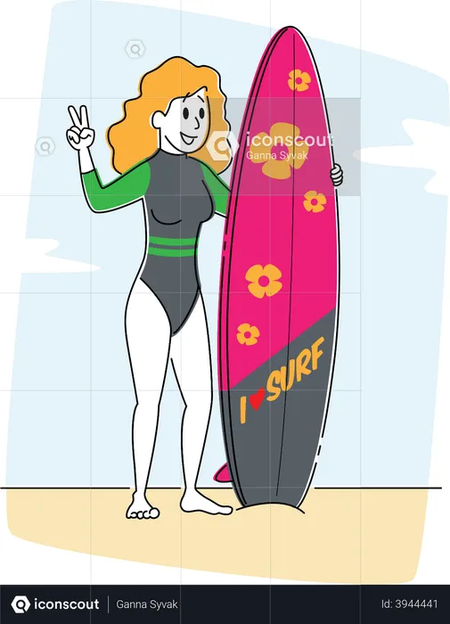 Young Girl with Surf Board in Hands Stand on Sandy Beach Show Victory Gesture  Illustration