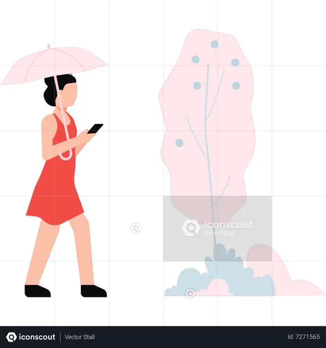 Young girl with umbrella walking  Illustration