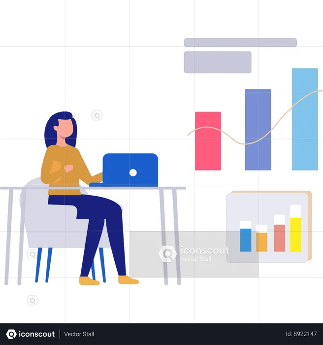 Young girl working on business graph  Illustration