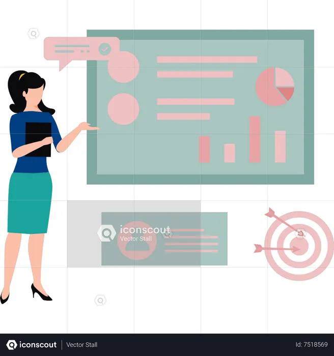 Young girl working on chart graph presentation  Illustration