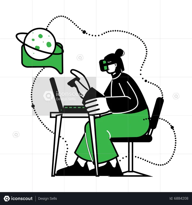 Young girl working on laptop using vr goggles  Illustration