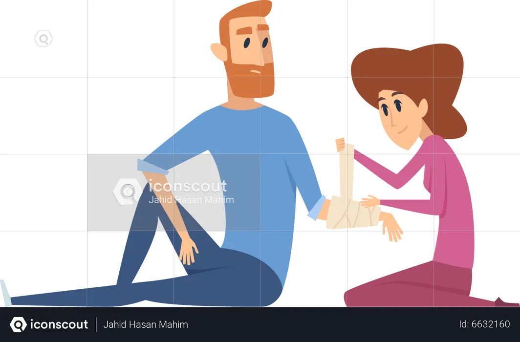 Young girl wrapping medical belt to man  Illustration