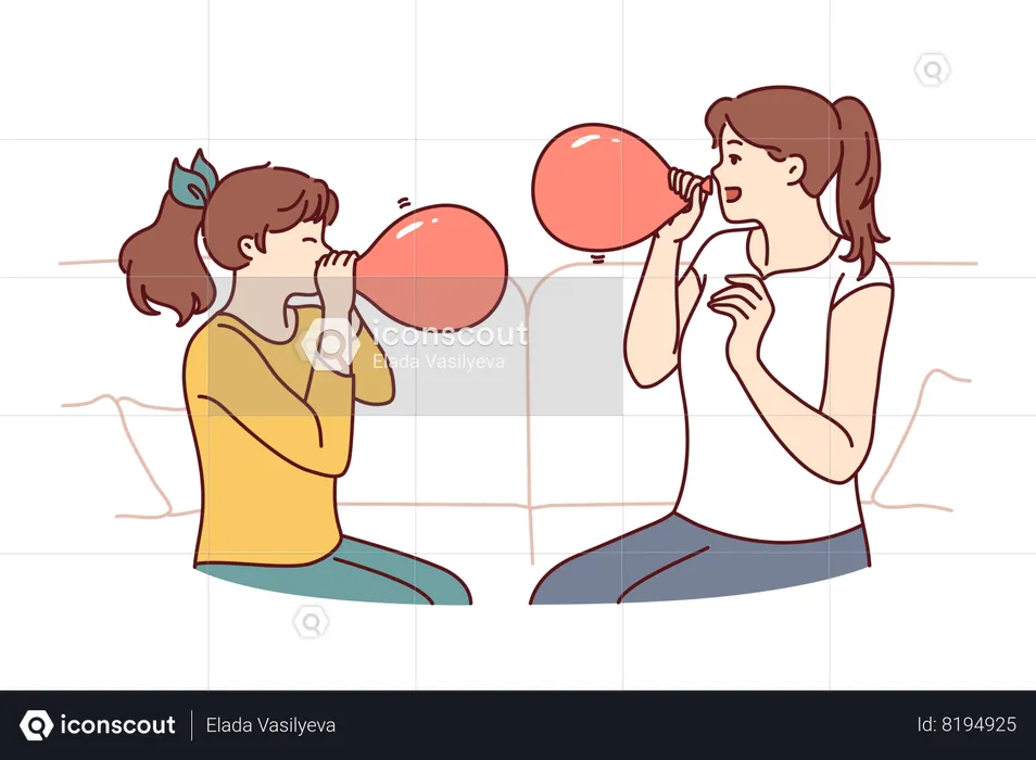 Young girls are inflating balloons  Illustration