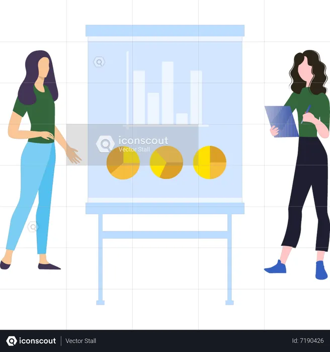 Young Girls are standing next to a graph chart board  Illustration