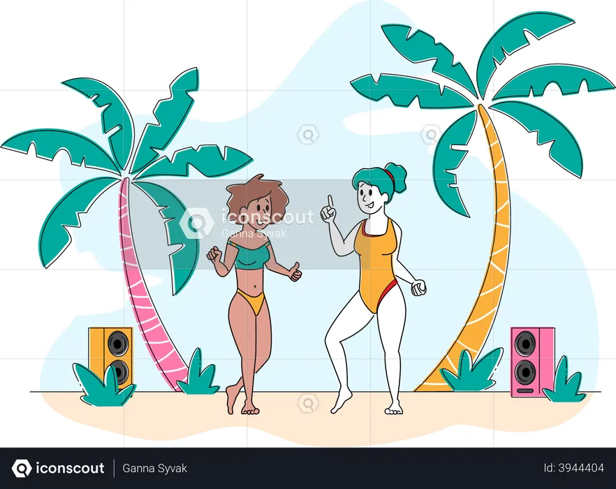 Young Girls Enjoying Summer Beach Party  Illustration