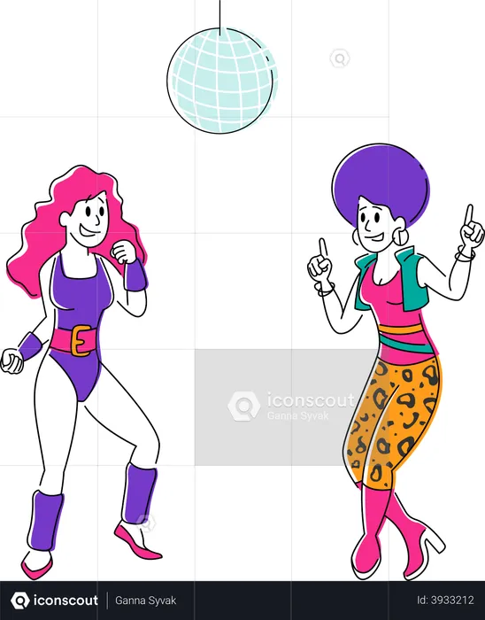 Young Girls in Retro Suits Visiting Night Club Dancing Disco Dance under Stroboscope Lighting  Illustration