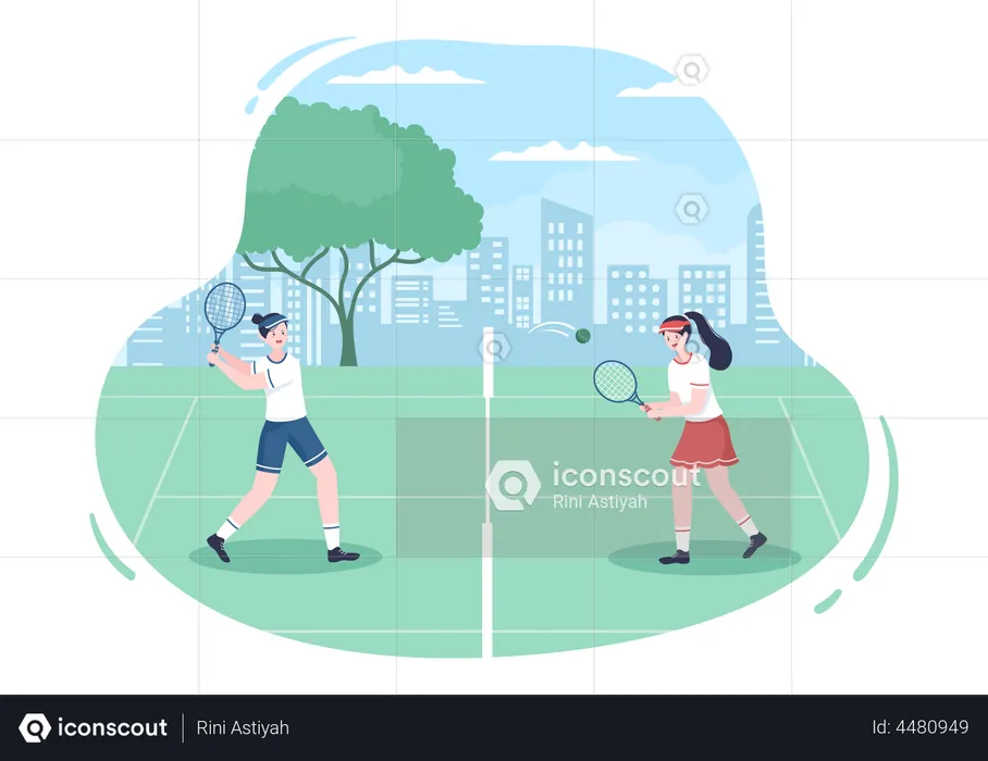 Young girls playing tennis on ground  Illustration
