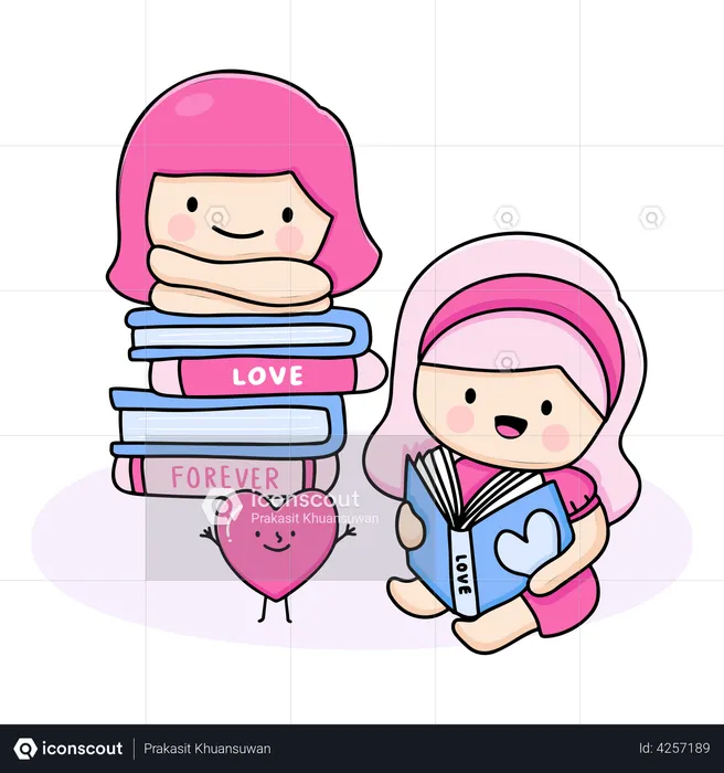 Young Girls Reading Romantic Books  Illustration