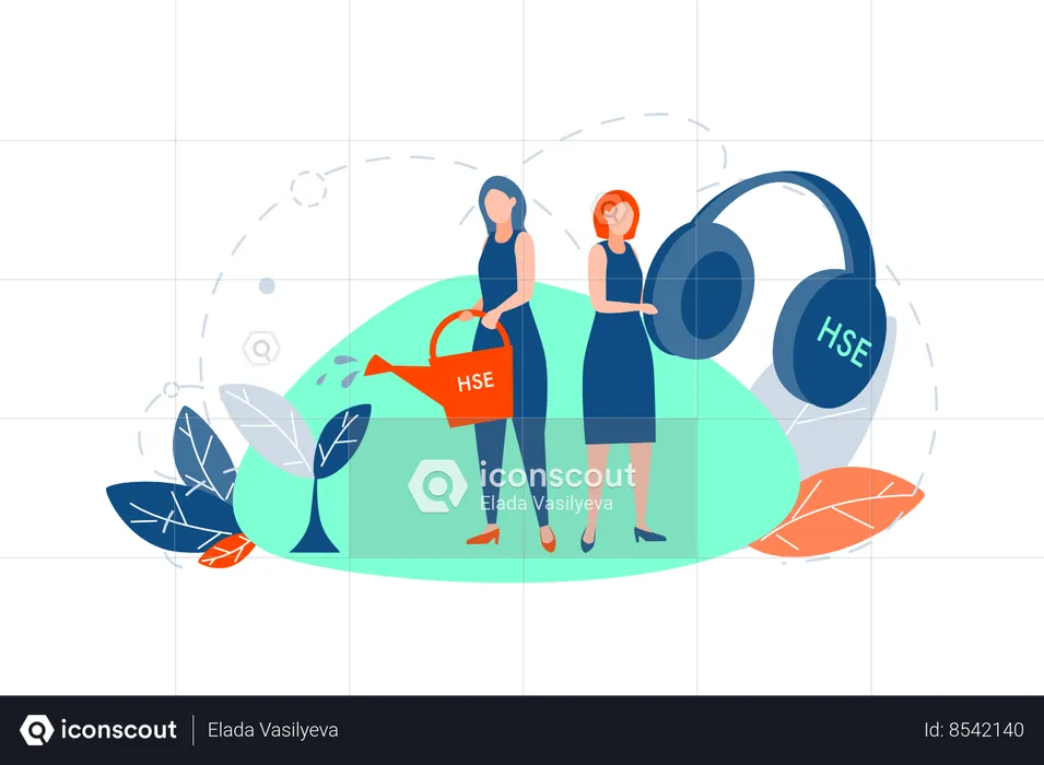 Young girls standing and holding big headphones and watering can with hse acronym  Illustration