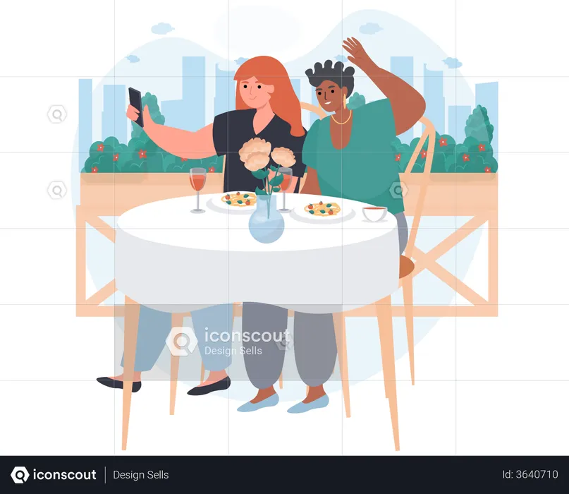 Young girls taking selfie in restaurant  Illustration