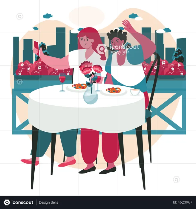 Young girls taking selfie in restaurant  Illustration