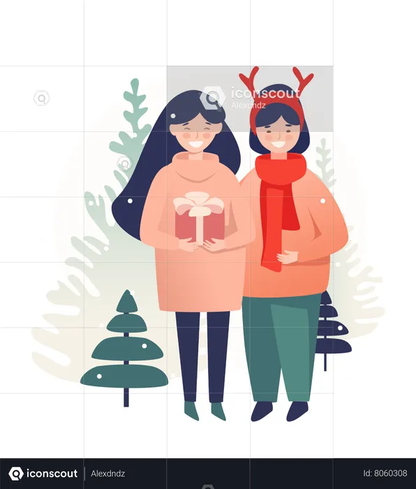 Young girls with gift standing together and preparing to celebrate event in forest  Illustration