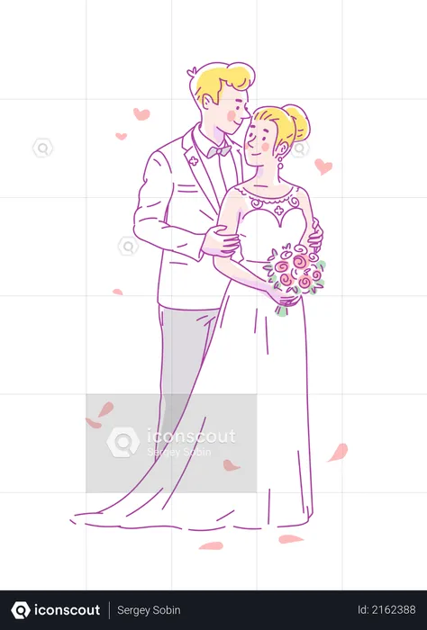 Young groom in white costume and bride in wedding dress and flowers get married  Illustration