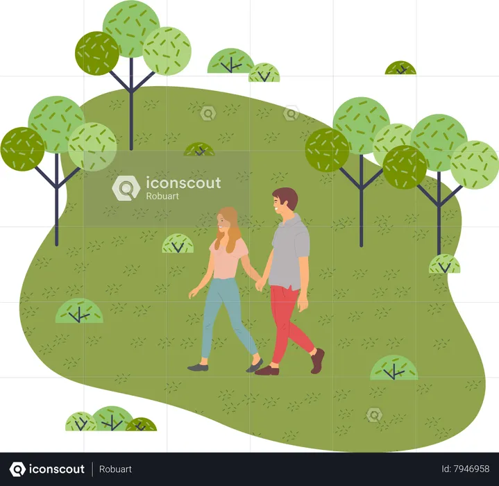 Young guy and girl holding hands walking in summer garden  Illustration