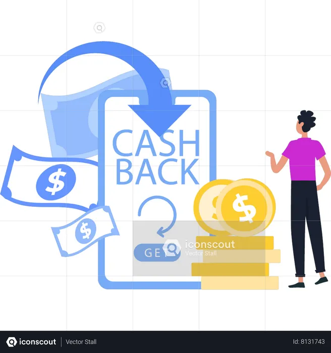 Young Guy Presses Cashback Option  Illustration