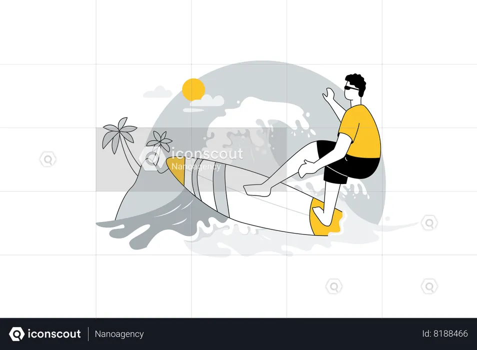 Young  guy surfing in sea  Illustration
